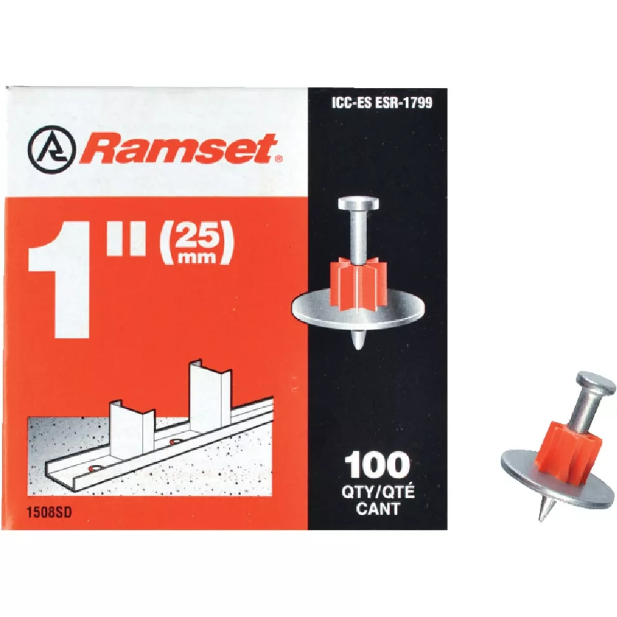 0.3 In. D X 1 In. L Steel Round Head Drive Pin With Washer 100 Pk