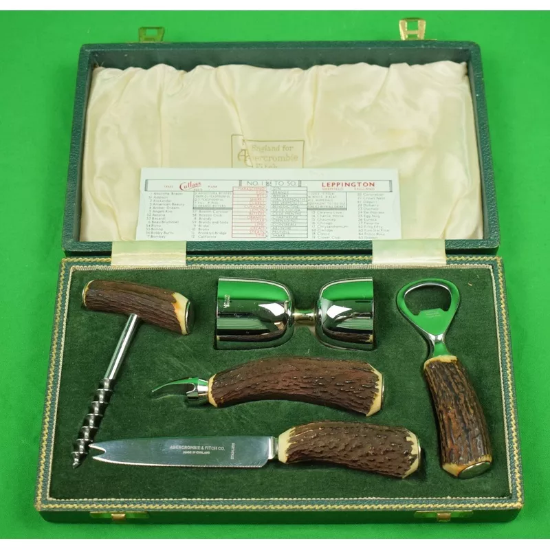 “Abercrombie & Fitch 5pc Stag Horn Handle Barware Set Made in England” (SOLD)
