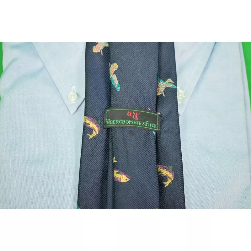 “Abercrombie & Fitch English Silk Twill Navy Leaping Trout Sportsmen’s Tie” (SOLD)