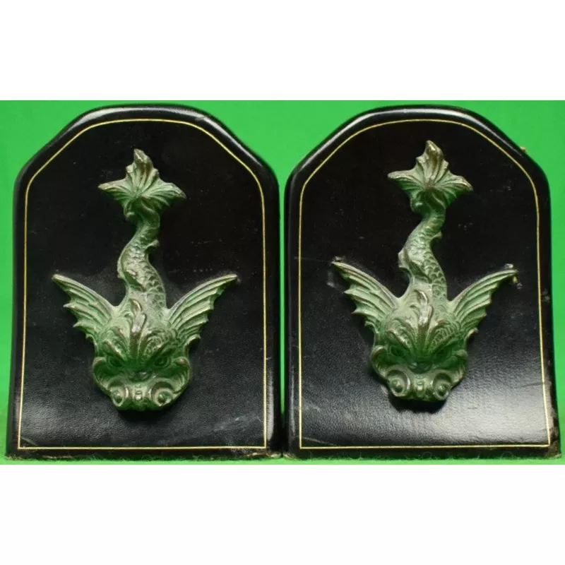 “Bronze Dolphin on Black Leather Bookends”