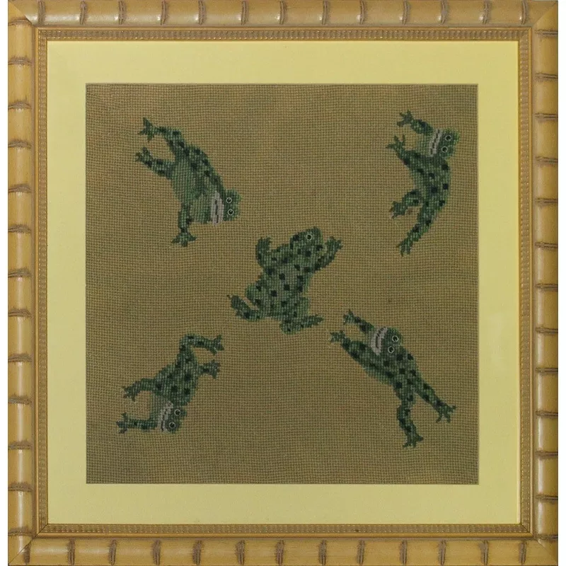 “Five Leaping Frogs c1960s Hand-Needlepoint Panel” (SOLD)