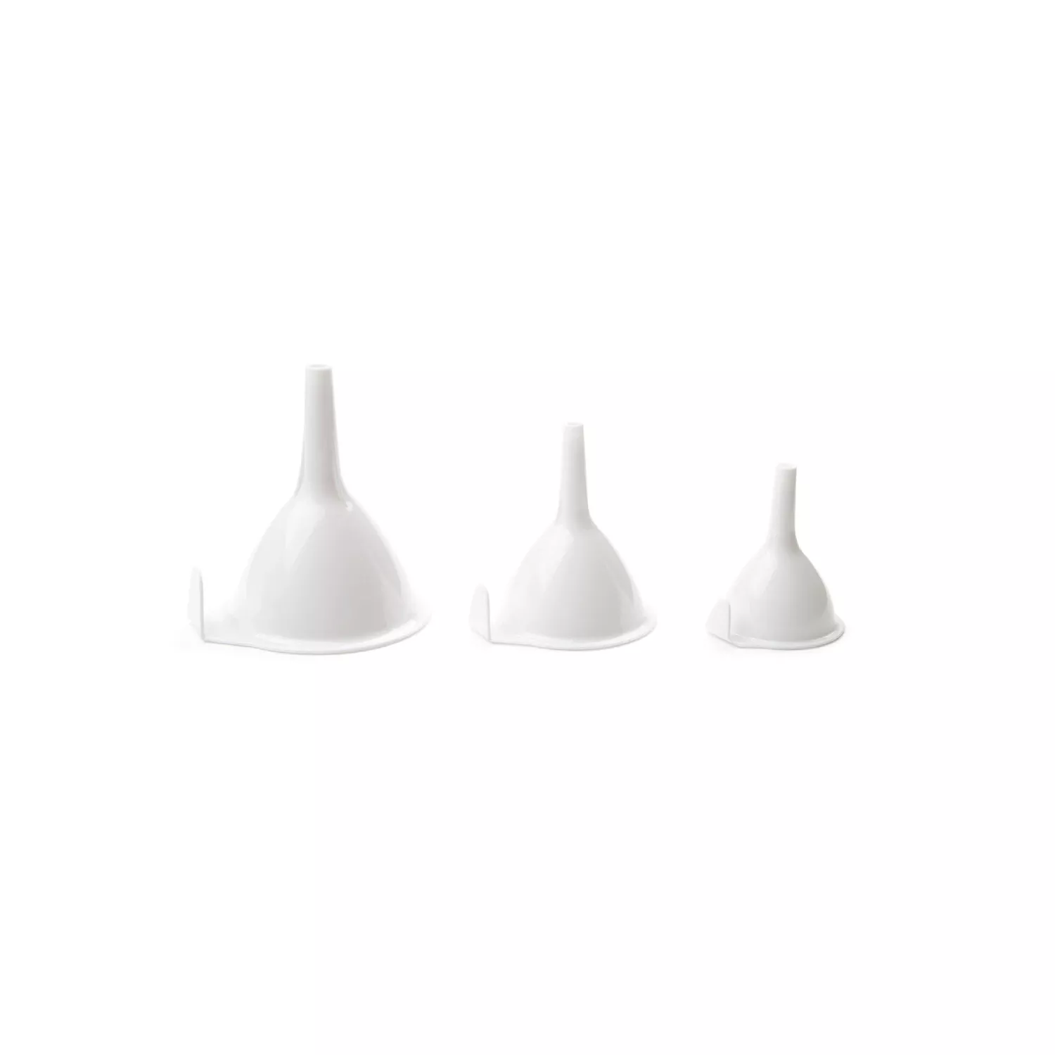 White Plastic Funnel Set - 3 Pieces, 2.5 In., 3.75 In., 4 In. Sizes